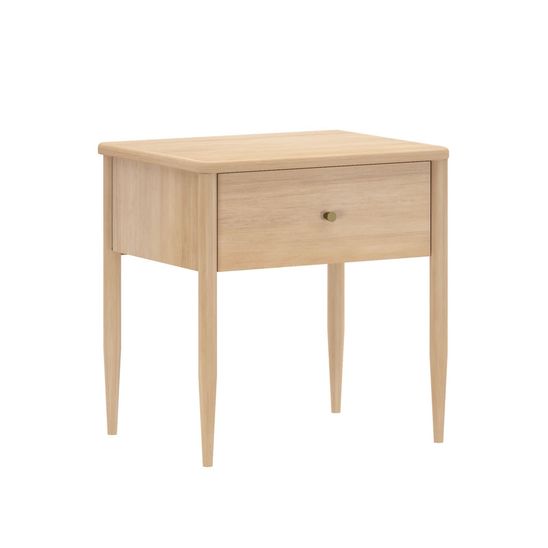Mid-century modern light oak nightstand with single drawer and tapered legs, Scandinavian bedside table for bedroom