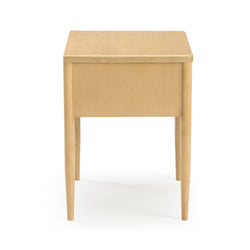 Light maple wood bedside table with single drawer and tapered legs, modern minimalist wooden nightstand