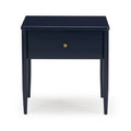 Modern navy blue wooden nightstand with single drawer and round brass knob on tapered legs