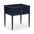 Navy blue modern bedside table nightstand with single drawer and gold knob, tapered legs and matte finish