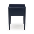 Navy blue square-top stool with padded seat and tapered legs on white background — modern accent side table for bedroom or living room