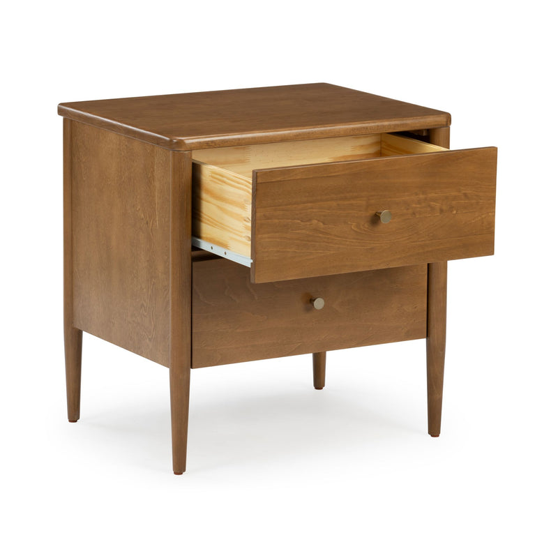 Mid-century modern walnut-finish wooden nightstand with open top drawer, round brass knob and tapered legs — bedside storage table