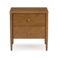 Mid-century modern two-drawer wooden nightstand in warm walnut finish with round brass knobs and tapered legs, stylish bedside table for bedroom decor