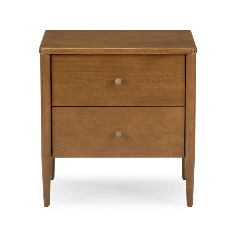 Mid-century modern two-drawer wooden nightstand in warm walnut finish with round brass knobs and tapered legs, stylish bedside table for bedroom decor