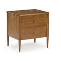 Mid-century modern wooden nightstand bedside table with two drawers, tapered legs, round metal knobs and warm brown finish on white background