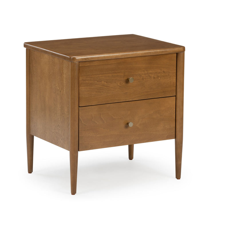 Mid-century modern wooden nightstand bedside table with two drawers, tapered legs, round metal knobs and warm brown finish on white background