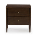 Mid-century modern dark brown wooden nightstand bedside table with two drawers, round brass knobs and tapered legs on white background