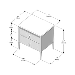 Modern two-drawer wooden nightstand bedside table with tapered legs and rounded top edges, dimensions 23" W x 22" D x 24" H (60 x 57 x 62 cm), drawer heights 8" and 7" (20 and 19 cm)