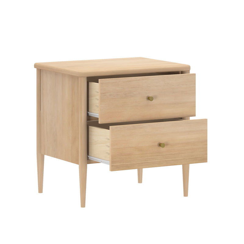 Light wood mid-century modern nightstand bedside table with two partially open drawers and round brass knobs