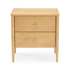 Mid-century modern light wood two-drawer nightstand with brass knobs and tapered legs, natural maple finish bedside table