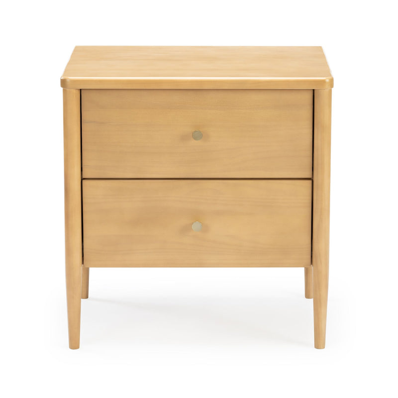 Mid-century modern light wood two-drawer nightstand with brass knobs and tapered legs, natural maple finish bedside table