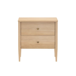 Mid-century modern light oak two-drawer nightstand with brass knobs, natural wood bedside table