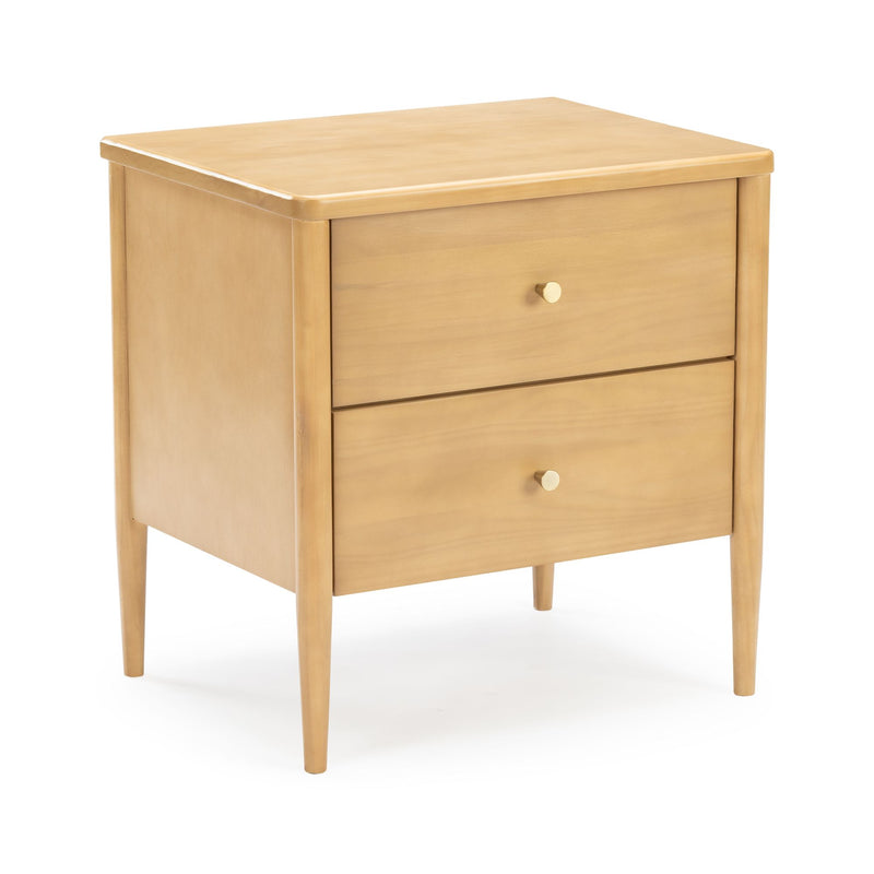 Mid-century modern light wood 3-drawer nightstand bedside table with brass knobs, tapered legs and compact bedroom storage