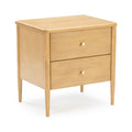 Mid-century modern light wood 3-drawer nightstand bedside table with brass knobs, tapered legs and compact bedroom storage