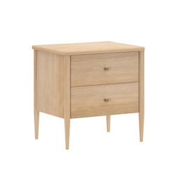 Mid-century modern light oak two-drawer nightstand with tapered legs and brass knobs, wooden bedside table for bedroom storage