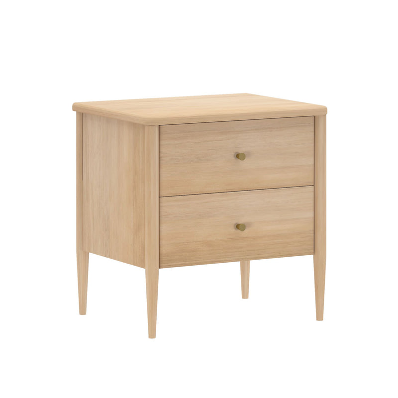 Mid-century modern light oak two-drawer nightstand with tapered legs and brass knobs, wooden bedside table for bedroom storage