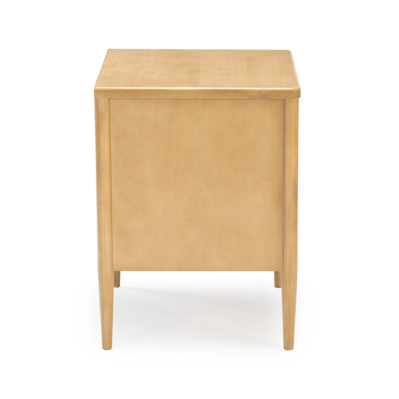 Maple wood nightstand with smooth top, tapered legs and minimalist modern design, natural finish bedside table