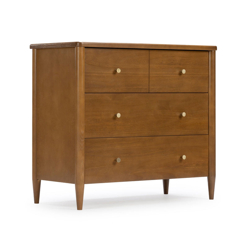 Mid-century modern walnut dresser with warm wood finish, brass round knobs and tapered legs — bedroom storage chest