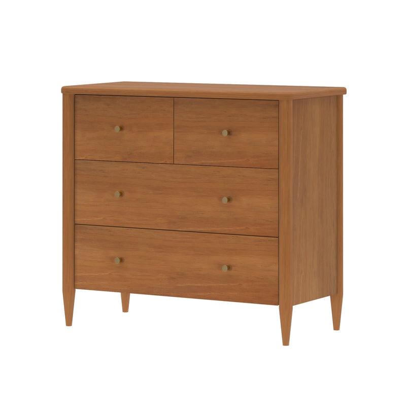 Mid-century modern walnut dresser – 4-drawer wooden chest with brass knobs and tapered legs, stylish bedroom storage furniture