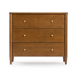 Mid-century modern walnut finish tall chest of drawers with round brass knobs and tapered legs, solid wood bedroom dresser
