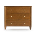 Mid-century modern walnut finish tall chest of drawers with round brass knobs and tapered legs, solid wood bedroom dresser