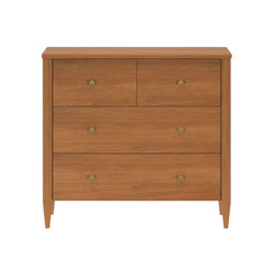 Mid-century modern four-drawer wooden dresser chest with tapered legs and brass knobs in warm walnut finish