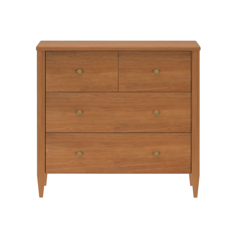 Mid-century modern four-drawer wooden dresser chest with tapered legs and brass knobs in warm walnut finish