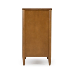 Mid-century modern wooden nightstand rear view, warm honey wood finish, tapered legs and minimalist panel design on white background