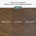 Walnut wood finish color comparison showing wood grain under warm light, daylight, and cool light for furniture and flooring