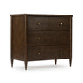 Mid-century modern dark wood dresser with tapered legs and round brass knob handles, minimalist bedroom chest of drawers