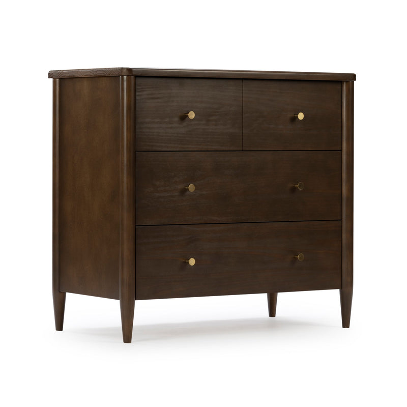 Mid-century modern dark wood dresser with tapered legs and round brass knob handles, minimalist bedroom chest of drawers