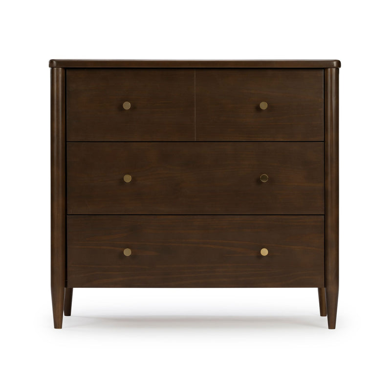 Dark walnut-finish mid-century modern chest of drawers with round brass knobs and tapered legs on white background