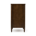 Mid-century modern walnut-finish wooden nightstand with tapered legs and rounded edges, brown bedside table rear view on white background