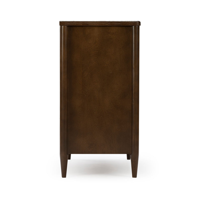 Mid-century modern walnut-finish wooden nightstand with tapered legs and rounded edges, brown bedside table rear view on white background