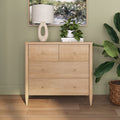 Light natural wood Scandinavian dresser with brass knobs, linen table lamp, potted plant and framed art against a sage green wall, hardwood floor, modern home decor