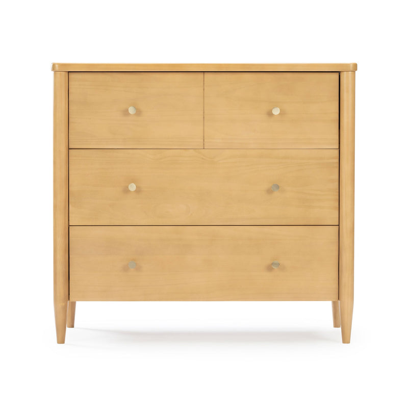 Mid-century modern light wood four-drawer dresser with tapered legs and round metal knobs on a white background