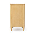 Tall narrow light wood storage cabinet with tapered legs and recessed panel door, mid-century modern bedroom dresser