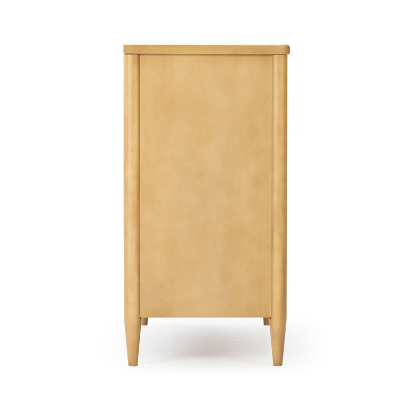 Tall narrow light wood storage cabinet with tapered legs and recessed panel door, mid-century modern bedroom dresser