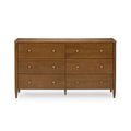 Mid-century modern walnut 8-drawer wooden dresser with tapered legs and brass knobs, stylish bedroom storage chest