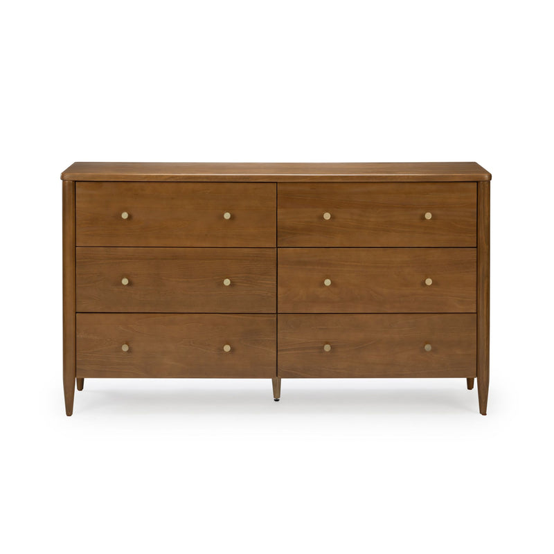 Mid-century modern walnut 8-drawer wooden dresser with tapered legs and brass knobs, stylish bedroom storage chest