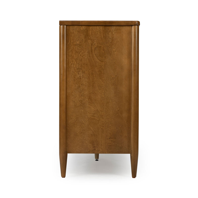Back view of mid-century modern walnut wooden dresser with tapered legs, visible wood grain panel and adjustable leveling foot