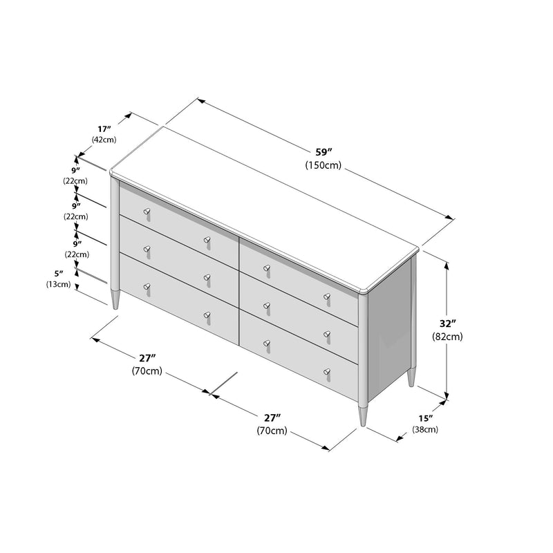 Dimension diagram of a wide 6-drawer dresser — 59 in (150 cm) width, 32 in (82 cm) height, 15 in (38 cm) depth, tapered legs and labeled drawer spacing.