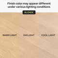 Blonde wood finish sample showing color variation under warm light, daylight, and cool light for hardwood flooring