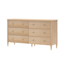 Light oak mid-century modern six-drawer wood dresser with tapered legs and brass knobs, ideal bedroom storage chest