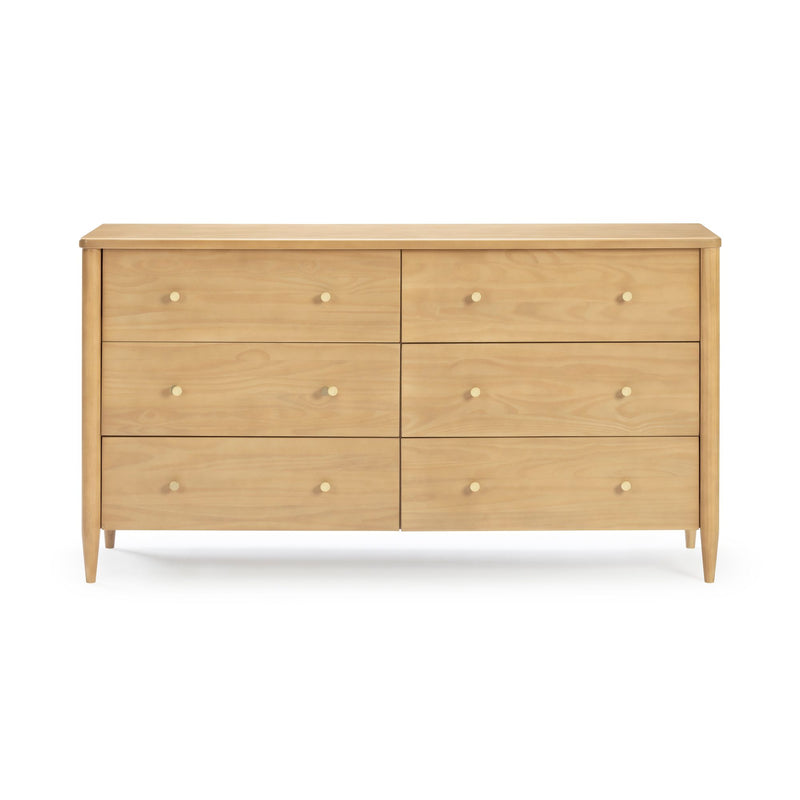 Natural maple six-drawer dresser with round brass knobs and tapered legs on white background — mid-century modern wooden bedroom storage chest