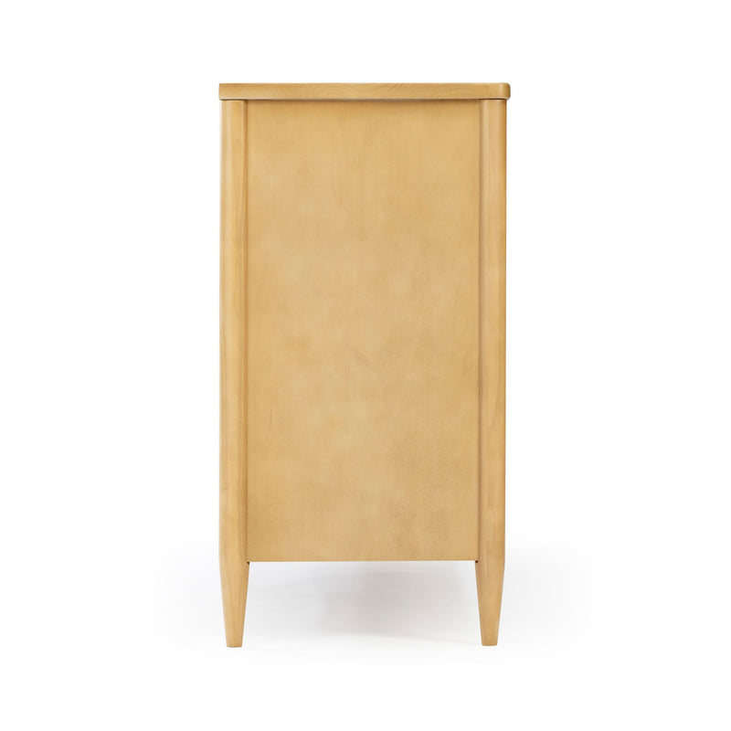 Front view of light maple mid-century modern narrow wooden dresser cabinet with smooth panel front and tapered legs on white background