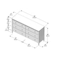 Isometric diagram of a six-drawer dresser for storage with tapered legs, dimensions 59" W x 32" H x 15" D (150 x 82 x 38 cm), drawers 9" (22 cm) high, leg height 5" (13 cm)