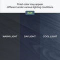 Blue wood finish color comparison under warm light, daylight, and cool light showing wood grain texture and how the finish may appear different under various lighting conditions