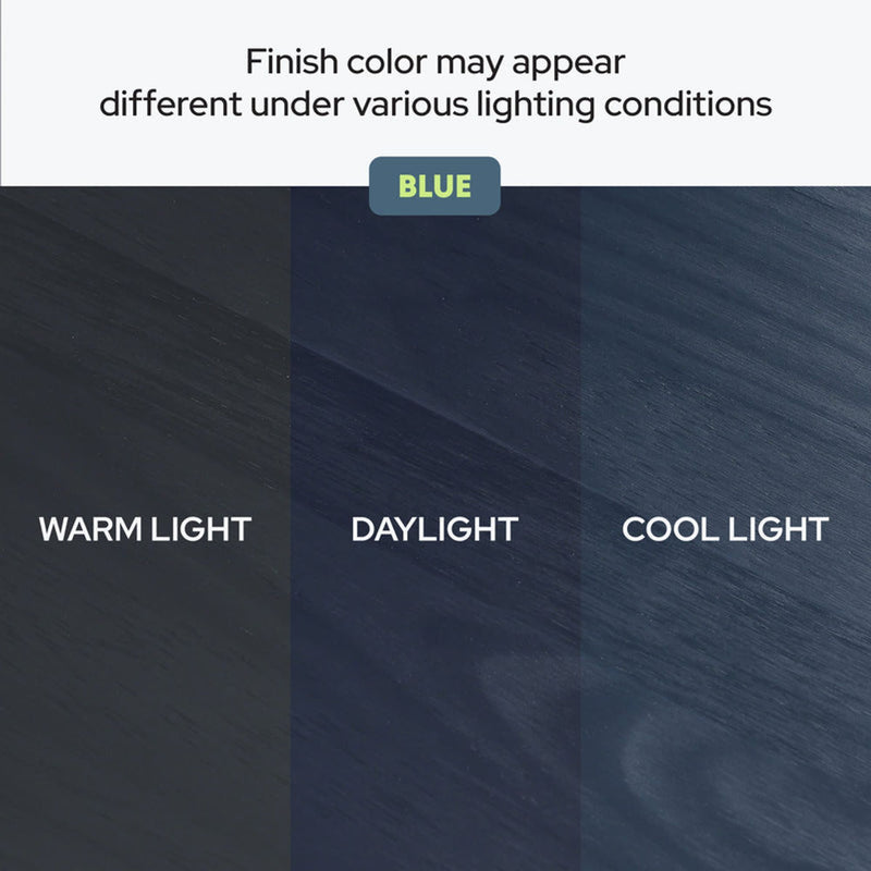 Blue wood finish color comparison under warm light, daylight, and cool light showing wood grain texture and how the finish may appear different under various lighting conditions
