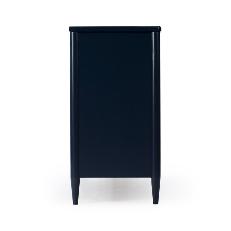 Modern navy blue bedside cabinet with tapered legs and smooth finish — minimalist nightstand for bedroom storage